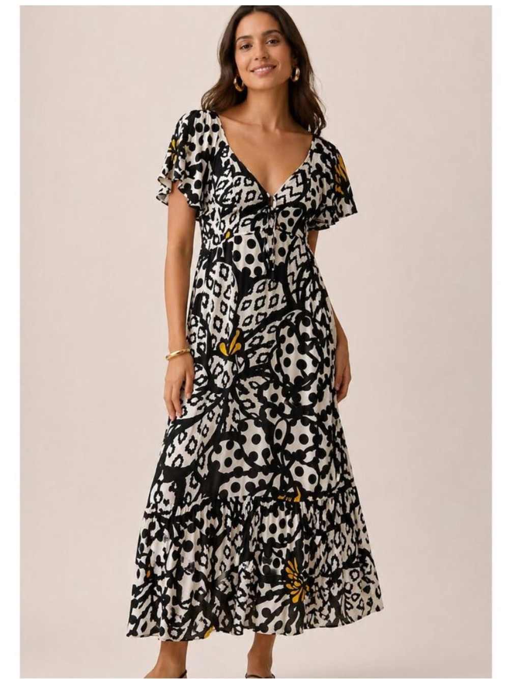Anthropologie Farm Rio Flutter Sleeved Maxi Dress Black White plus size 2X